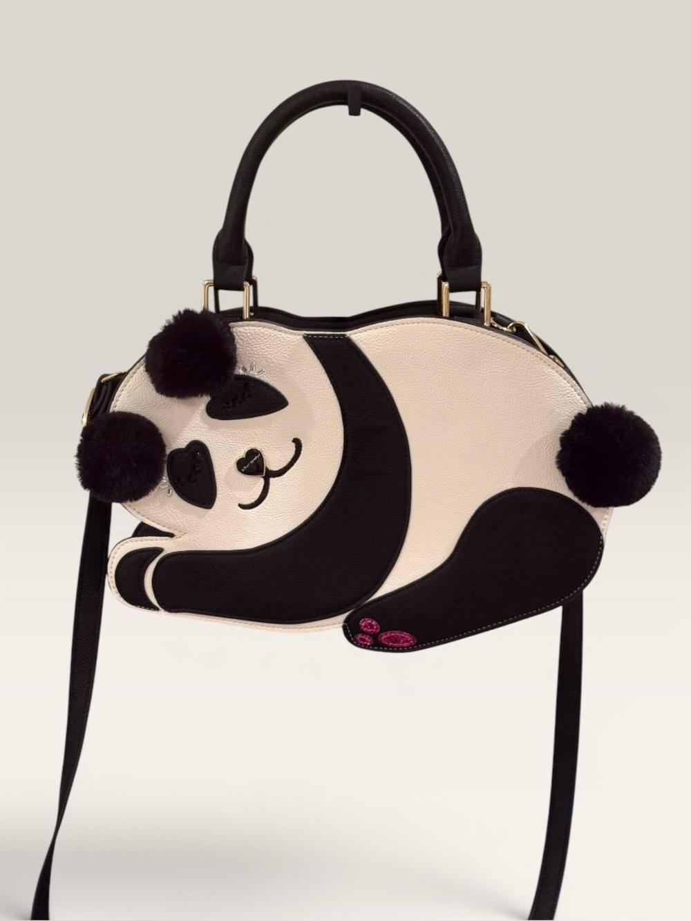 Betsey Johnson Panda Satchel Crossbody Bag Pom Pom Novelty Purse Black White - Picture 6 of 16